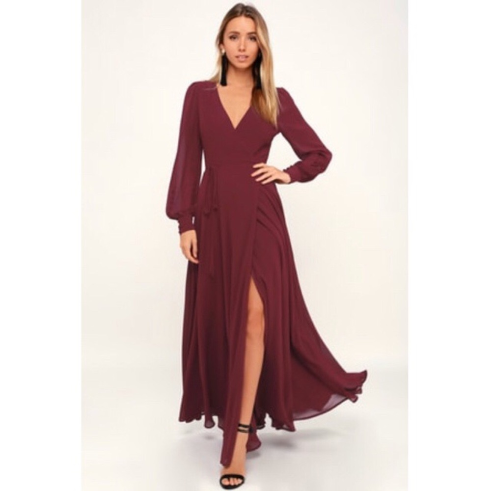 My Whole Heart Burgundy Long Sleeve Wrap Dress